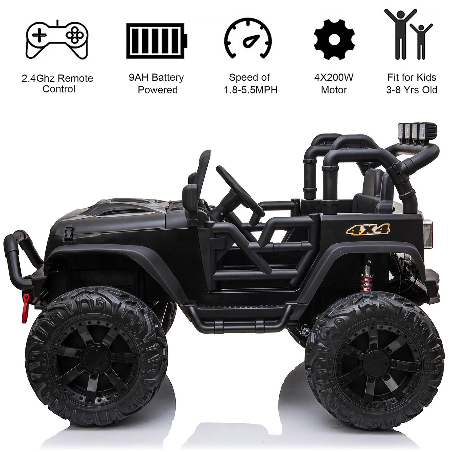 4x4 24V Ride on Truck Car with Remote Control & 2 Seater, 4x200W Motors, 9AH Battery Powered Ride on Toys, Spring Suspension, Wheels, 3 Speeds, LED Lights, Bluetooth MP3 Music, Big Kids,Black