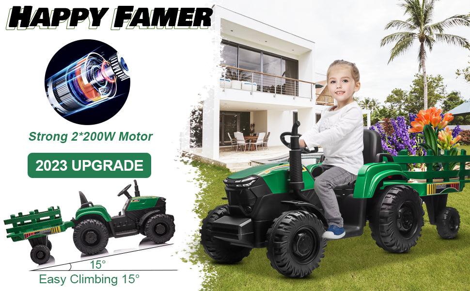 24 Volt Ride on Toys with Remote Control, 400W Strong Engine Battery Powered Ride On Tractor Toys w/ Trailer, 3 Speeds, LED Lights, MP3/USB Music Green