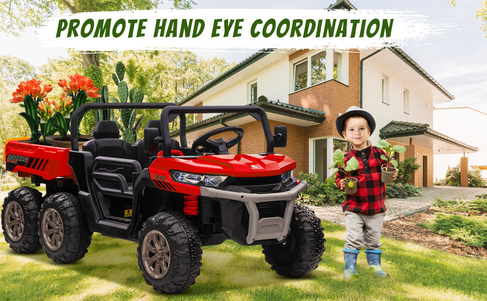 4x4 24V Ride on Dump Truck with Remote Control, Electric Powered 6-Wheel UTV Car, 2 Seater Kids Ride on Toys w/ Tipping Bucket Trailer, Shovel, Spring Suspension, Bluetooth Music, Red