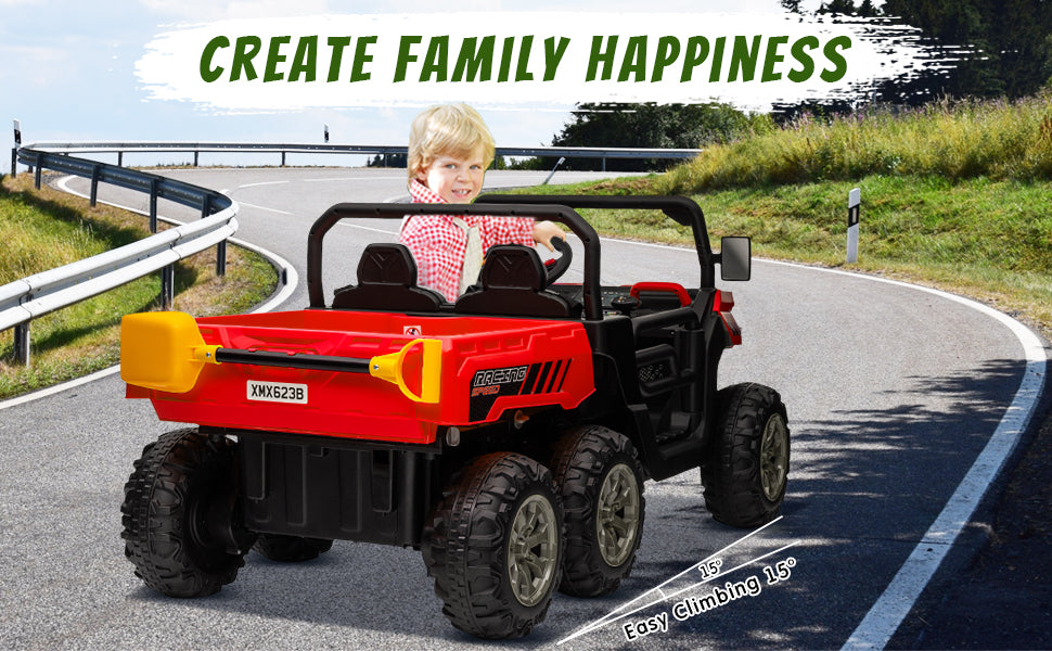 4x4 24V Ride on Dump Truck with Remote Control, Electric Powered 6-Wheel UTV Car, 2 Seater Kids Ride on Toys w/ Tipping Bucket Trailer, Shovel, Spring Suspension, Bluetooth Music, Red