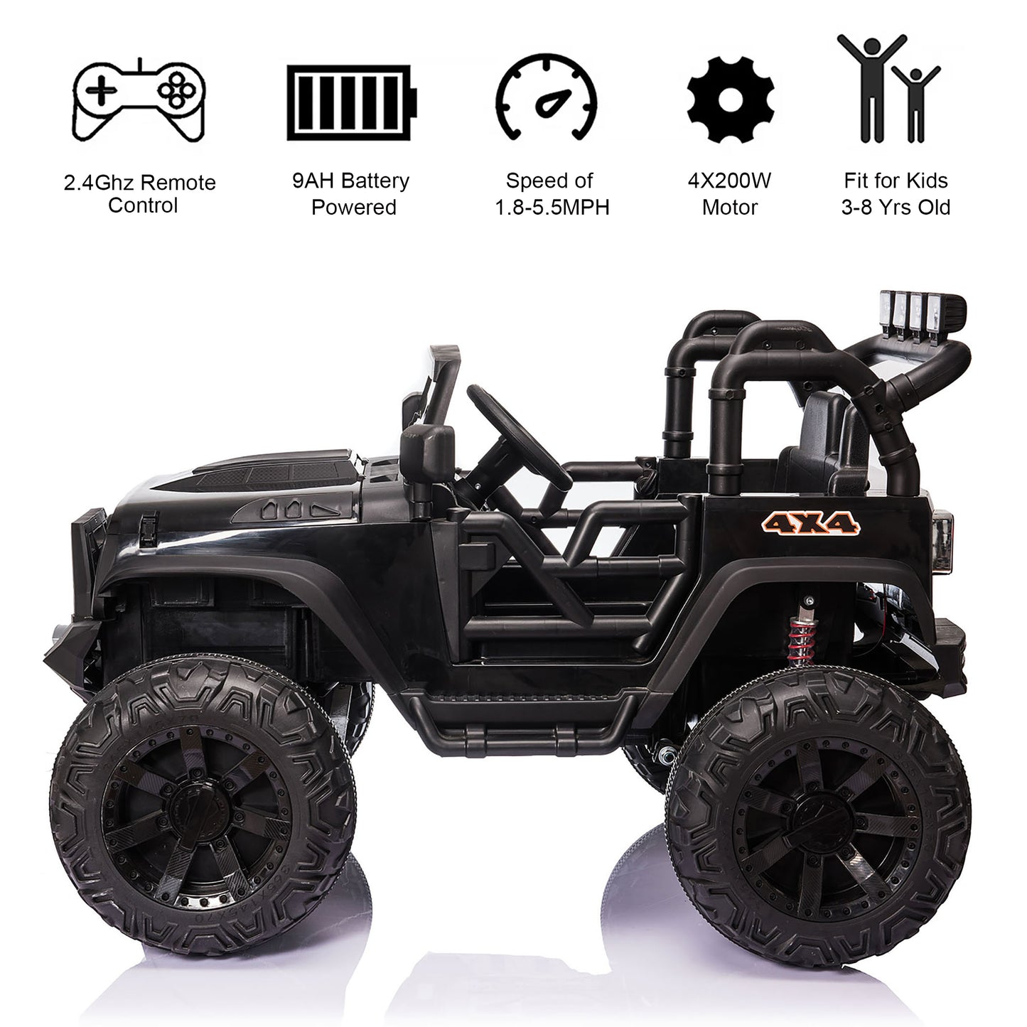 24 Volts Kids Ride on Truck with 2 Seater Remote Control, 4WD Ride on Toys w/ 4*200W Motors 9AH Battery Powered Electric Car, 3 Speeds, Spring Suspension, LED Lights, Bluetooth Music, Black