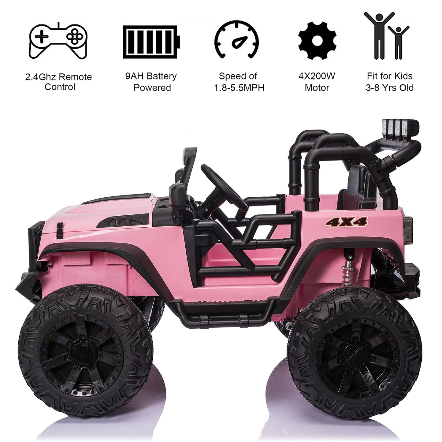 24 Volt Ride on Toys with 2 Seater Remote Control, 4WD Ride on Truck w/ 4*200W Motors 9AH Battery Powered Electric Car, 3 Speeds, Spring Suspension, LED Lights, Bluetooth Music, Pink