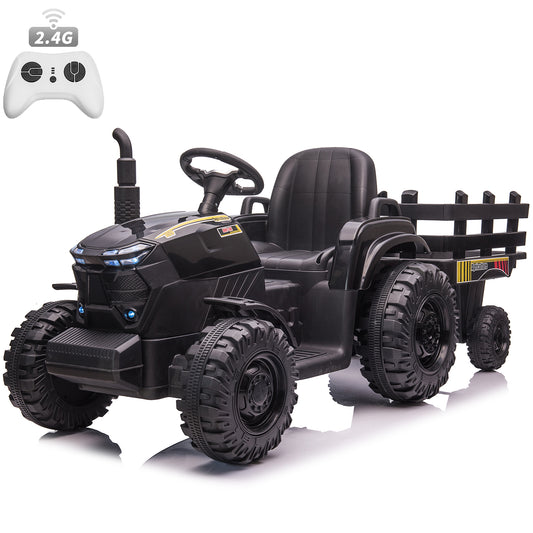 24 Volt Ride on Toys w/ Remote Control, 2*200W Strong Motor, 9AH Battery Powered Ride on Tractor with Trailer, 3 Speeds, LED Lights, MP3/USB Music, for Big Kids, Black