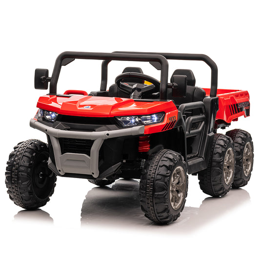4x4 24V Ride on Dump Truck with Remote Control, Electric Powered 6-Wheel UTV Car, 2 Seater Kids Ride on Toys w/ Tipping Bucket Trailer, Shovel, Spring Suspension, Bluetooth Music, Red