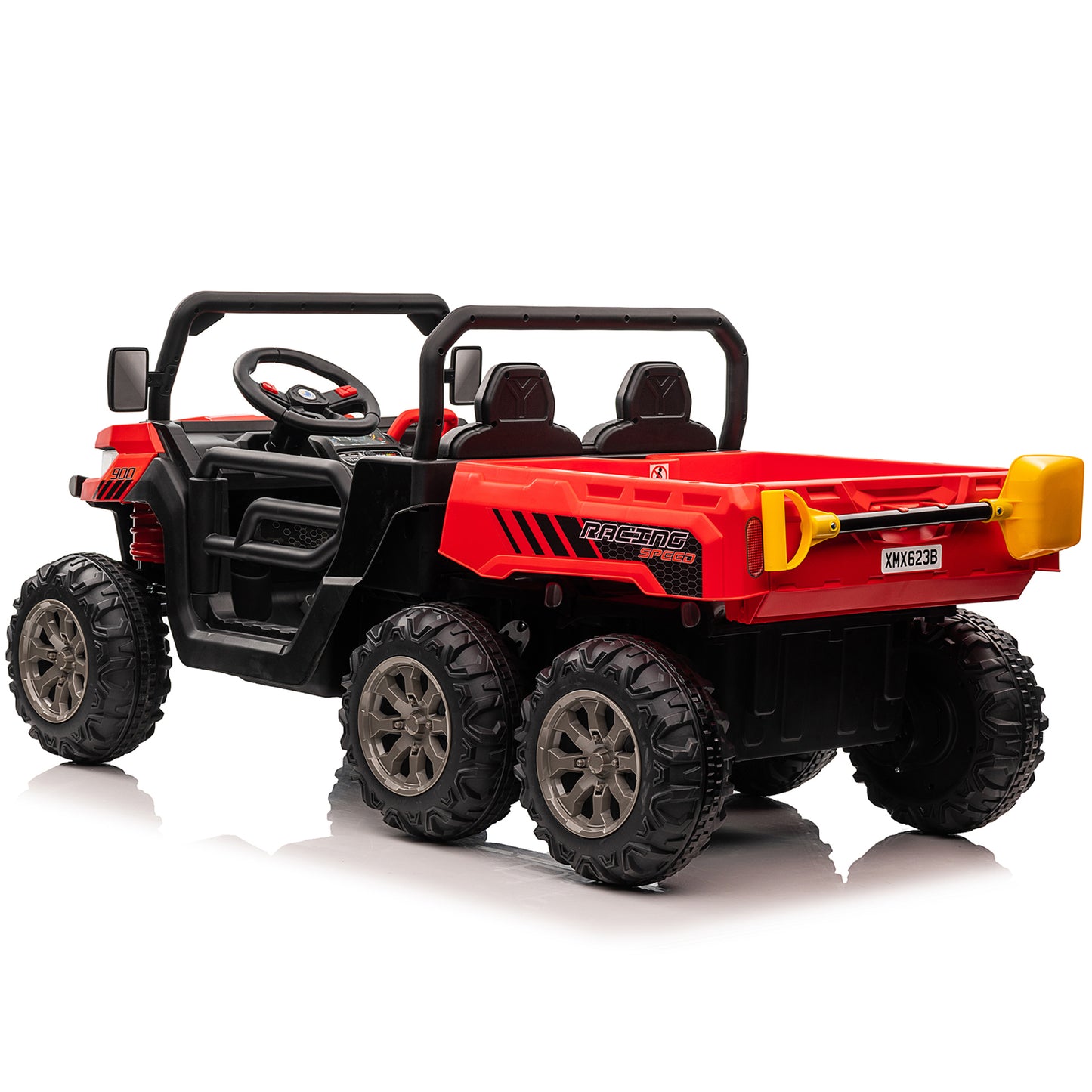 4x4 24V Ride on Dump Truck with Remote Control, Electric Powered 6-Wheel UTV Car, 2 Seater Kids Ride on Toys w/ Tipping Bucket Trailer, Shovel, Spring Suspension, Bluetooth Music, Red