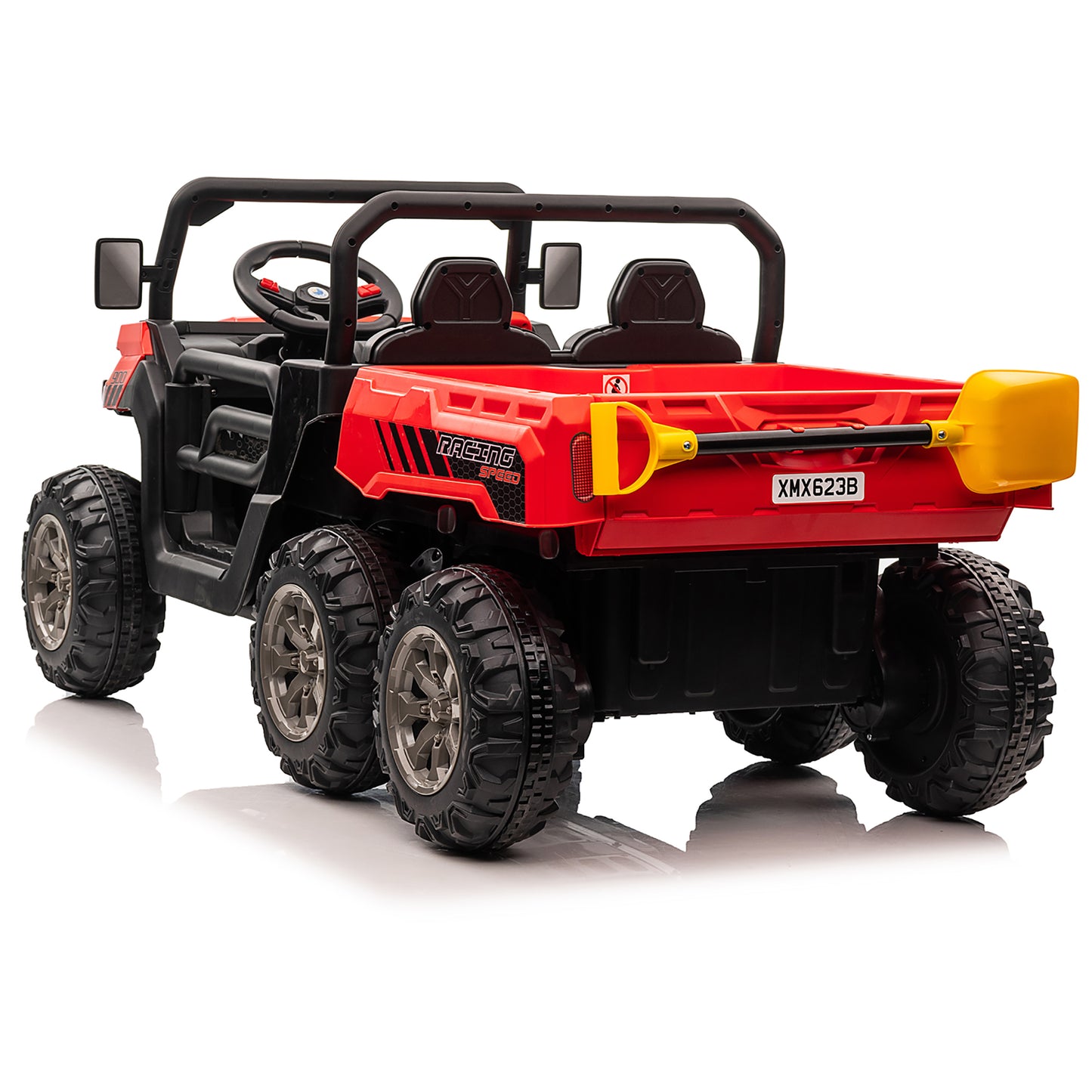 4x4 24V Ride on Dump Truck with Remote Control, Electric Powered 6-Wheel UTV Car, 2 Seater Kids Ride on Toys w/ Tipping Bucket Trailer, Shovel, Spring Suspension, Bluetooth Music, Red