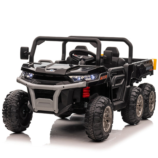 4x4 24V Ride on Dump Truck with Remote Control, 2 Seater Electric Powered Ride on Toys, 6-Wheel UTV Car w/ Tipping Bucket Trailer, Shovel, Suspension, Bluetooth Music, Big Kids, Black