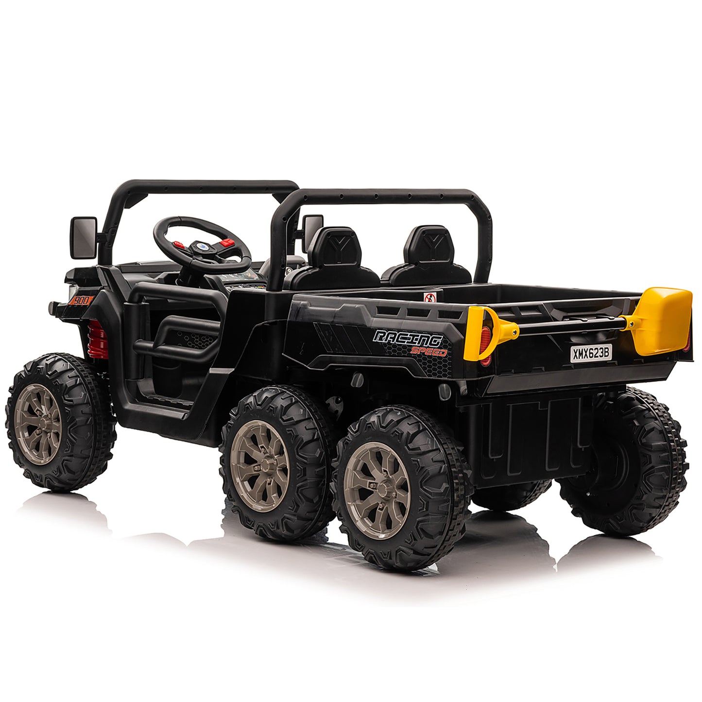 4x4 24V Ride on Dump Truck with Remote Control, 2 Seater Electric Powered Ride on Toys, 6-Wheel UTV Car w/ Tipping Bucket Trailer, Shovel, Suspension, Bluetooth Music, Big Kids, Black