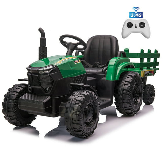 24 Volt Ride on Toys with Remote Control, 400W Strong Engine Battery Powered Ride On Tractor Toys w/ Trailer, 3 Speeds, LED Lights, MP3/USB Music Green