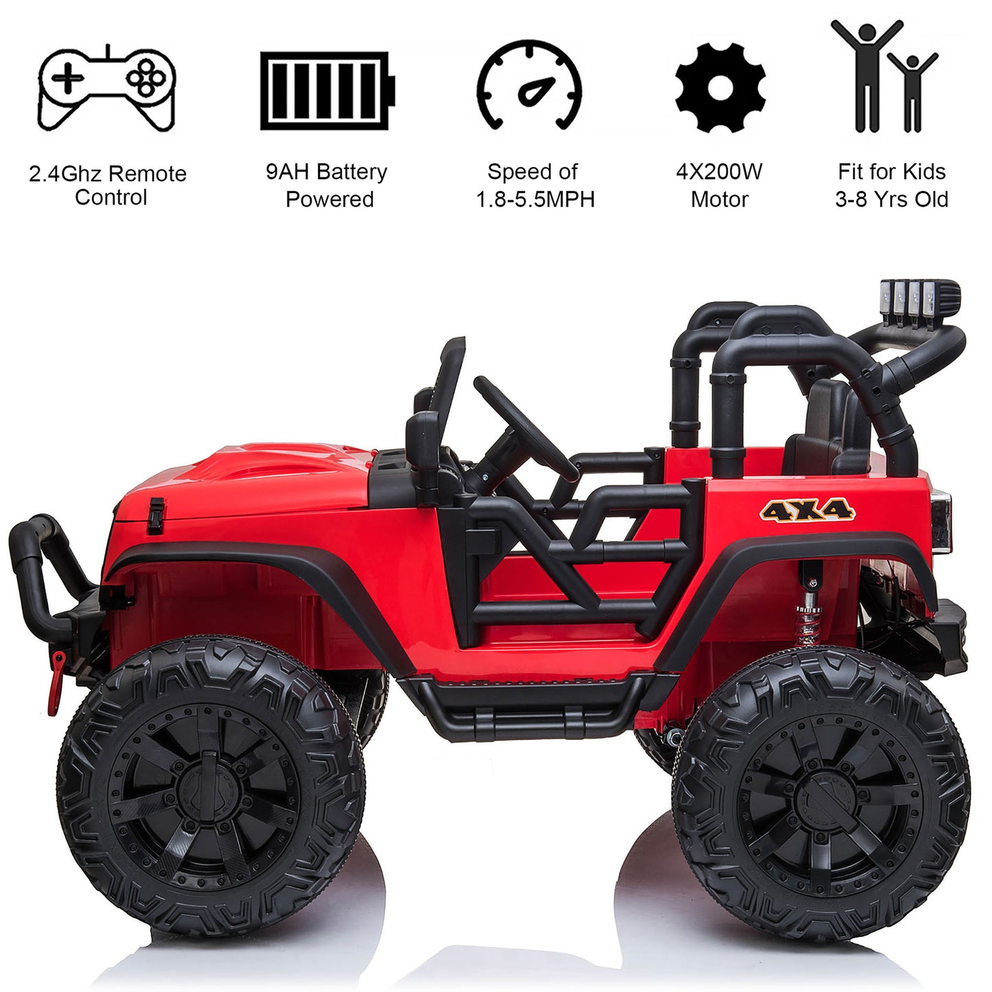 4x4 24 Volt Kids Ride on Truck Car with Remote Control & 2 Seater, 4x200W Motors, 9AH Battery Powered Electric Toys, Spring Suspension, 3 Speeds, Wheels, LED Lights, Bluetooth MP3 Music, Red